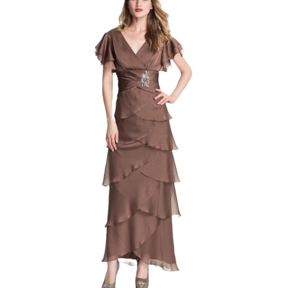 Adrianna Papell Occasions Flutter Sleeve Tiered Chiffon Gown Brown 10 - Picture 7 of 17